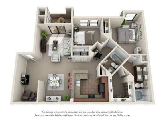 A 3D floor plan of a house with a kitchen, living room, and bathroom.