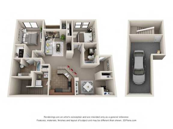 A 3D floor plan of a house layout.
