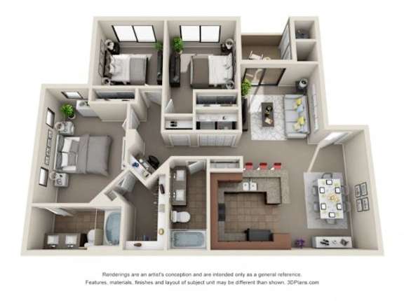 A 3D floor plan of a house with multiple rooms and furniture.