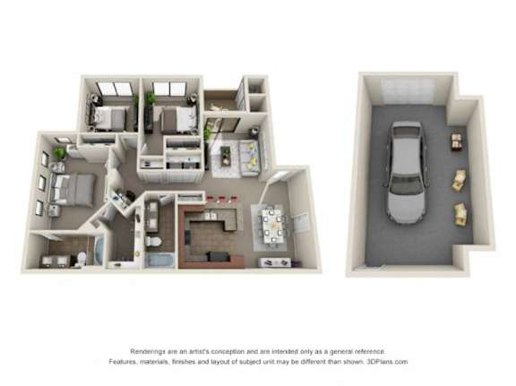 A 3D floor plan of a house with two bedrooms, a living room, a kitchen, a bathroom, and a garage.
