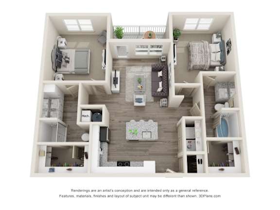 A 3D floor plan of a house with a kitchen, living room, and two bedrooms.