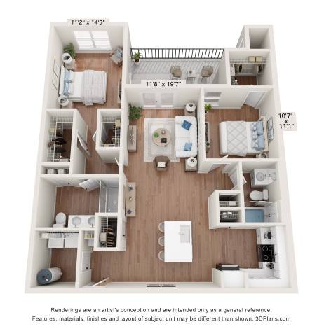 A floor plan of a two-bedroom apartment with a living room, kitchen, and bathroom.