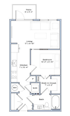 A floor plan of a small apartment with a living room, kitchen, bathroom, and bedroom.