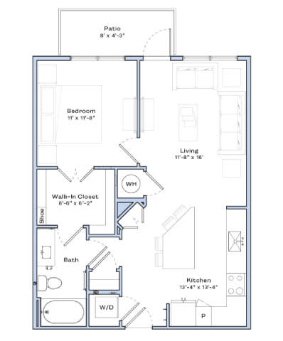 A floor plan of a house with a patio, bedroom, living room, walk-in closet, bath, kitchen, and laundry area.