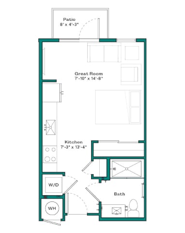 A floor plan of a house with a kitchen, bathroom, and great room.