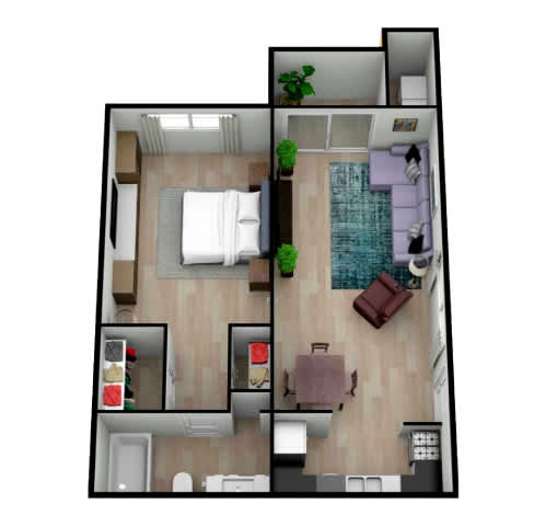 A top down view of a small apartment with a bedroom, living room, and kitchen.