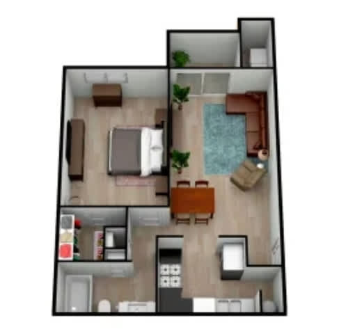 A floor plan of a house with a pool in the middle.