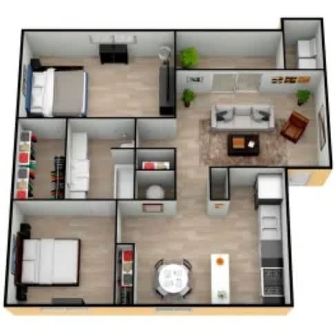 Floor Plan  A floor plan of a two-bedroom apartment with a living room, kitchen, and bathroom.