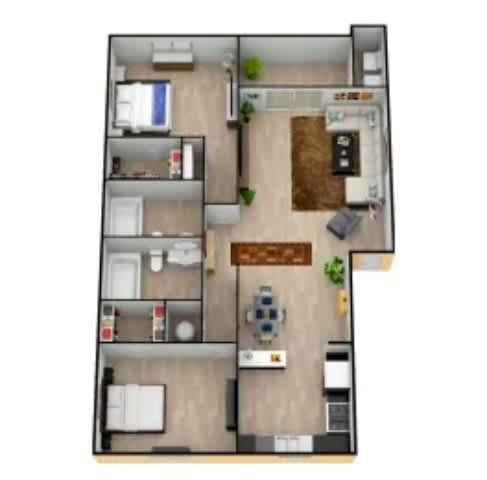A floor plan of a house with a kitchen, living room, and two bedrooms.