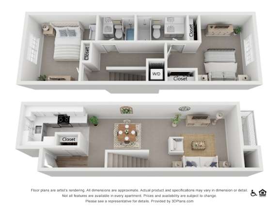 A 3D floor plan of a small apartment with two bedrooms, a living room, and a kitchen.