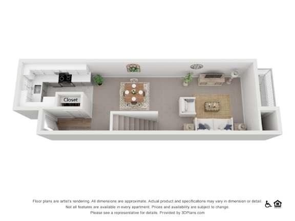 A 3D floor plan of a small apartment with a kitchen, living room, and bathroom.