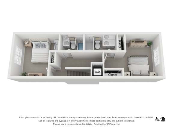 A 3D floor plan of a small apartment with a closet, a bed, a desk, and a kitchenette.