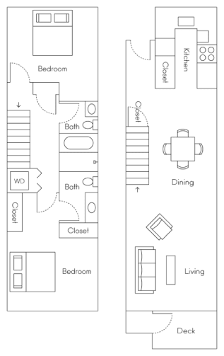 A floor plan of a house with a deck, two bedrooms, a living room, a dining room, a kitchen, and a bathroom.