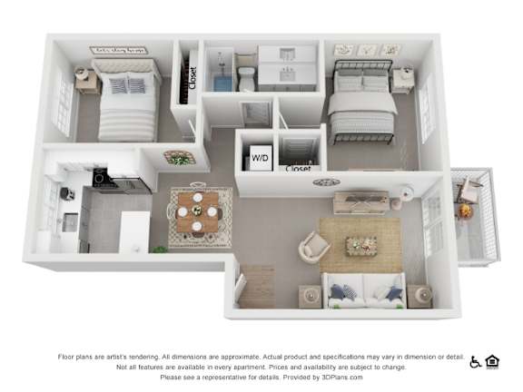 A 3D floor plan of an apartment with labeled rooms.