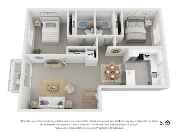 A 3D floor plan of an apartment with labeled rooms.