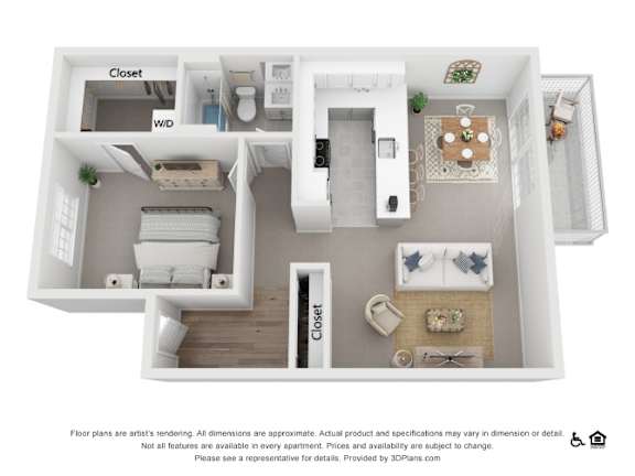 A 3D floor plan of a small apartment with a closet, a bedroom, a living room, and a kitchen.