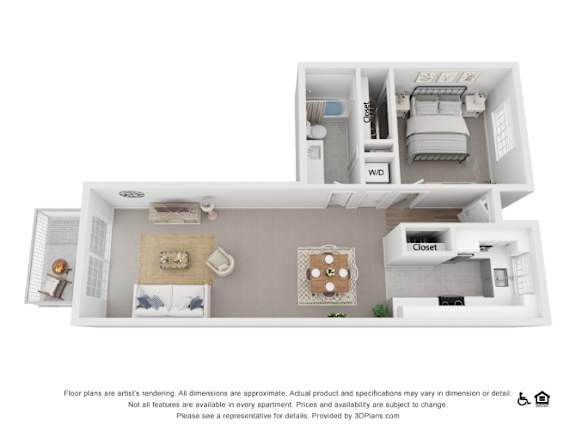 A 3D floor plan of an apartment with a kitchen, living room, and bedroom.