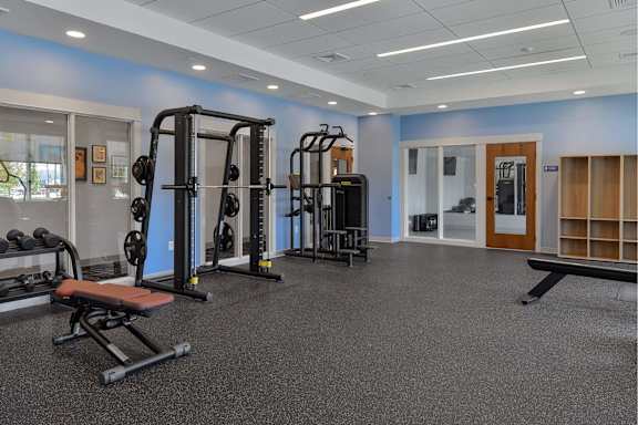 A gym with a variety of equipment including a bench, weights, and a treadmill.