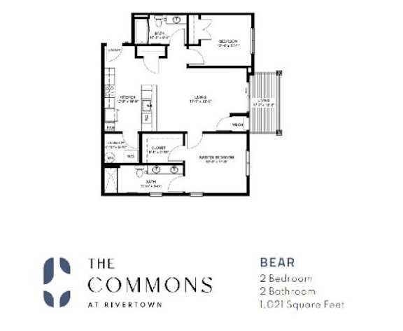 A floor plan for a 2 bedroom, 2 bathroom apartment at The Commons at Rivertown.