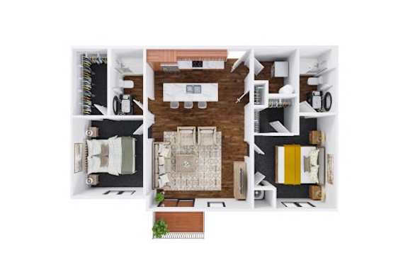 A top down view of a modern apartment with a kitchen, living room, and bathroom.