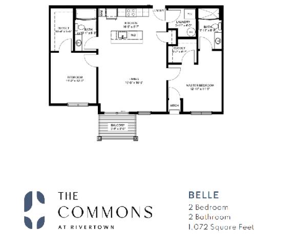 A floor plan for a 2 bedroom, 2 bathroom apartment at The Commons at Rivertown.