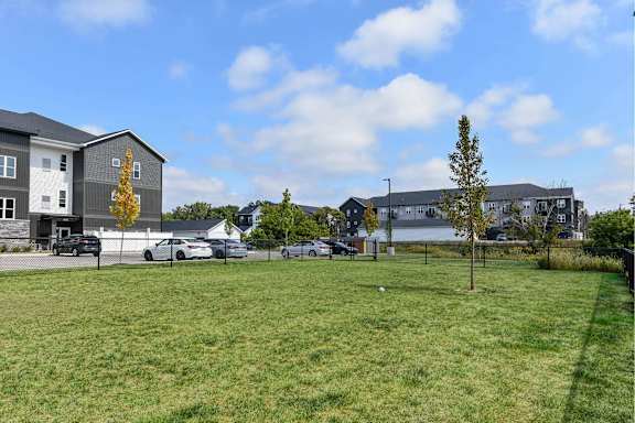 A large grassy field with a few cars and buildings in the background.
