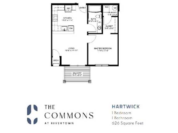 A floor plan for a 626 square foot apartment at The Commons at Rivertown.