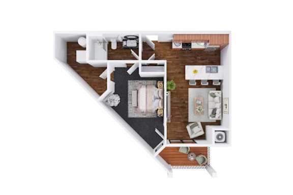 A top down view of a house with a kitchen, living room, and bedrooms.