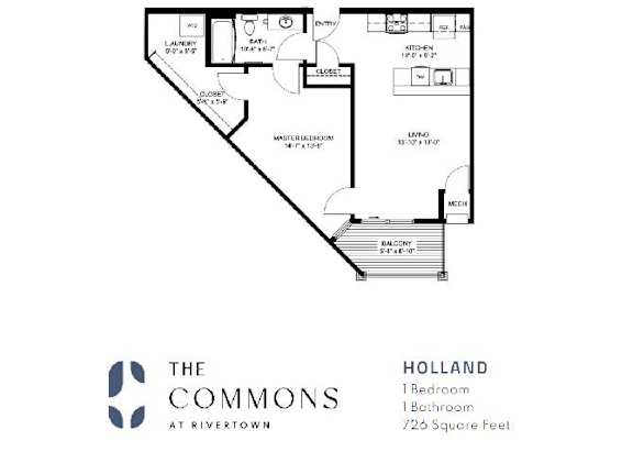 A floor plan of a one bedroom apartment at Rivertown.