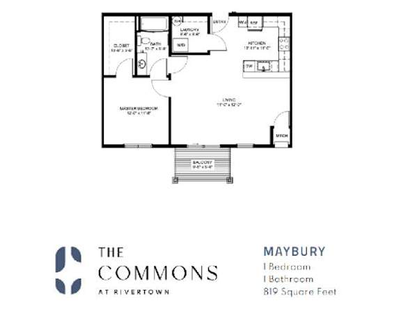 A floor plan for a property at The Commons at Rivertown in Maybury shows a bedroom, bathroom, kitchen, and living room.