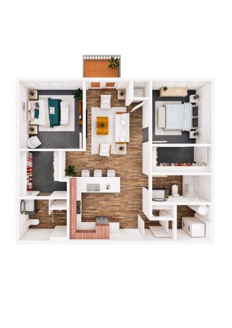 A 3D floor plan of a small apartment with a kitchen, living room, and two bedrooms.