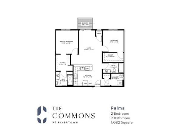 A black and white image of a floor plan for a 2 bedroom, 2 bathroom apartment.