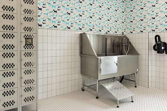 A stainless steel sink in a tiled bathroom.