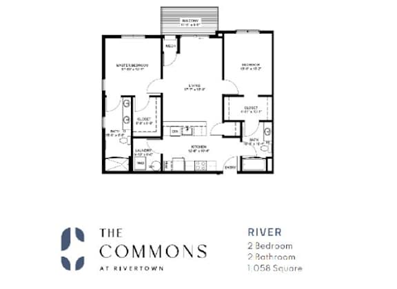 A floor plan for a 1,058 square foot apartment at The Commons at Rivertown.