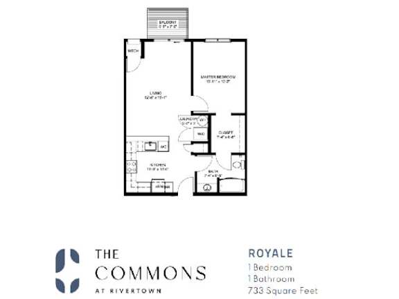 A floor plan for a 733 square foot room at The Commons at Rivertown.