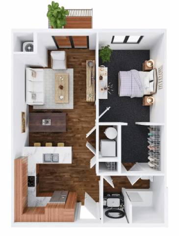 A top-down view of a small apartment with a kitchen, living room, and bathroom.