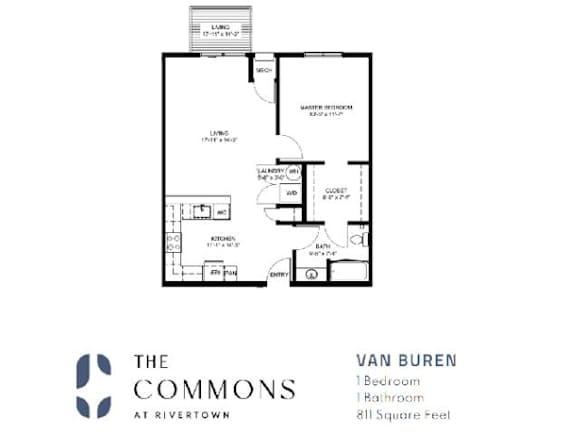 A floor plan for a one bedroom apartment at The Commons at Rivertown.