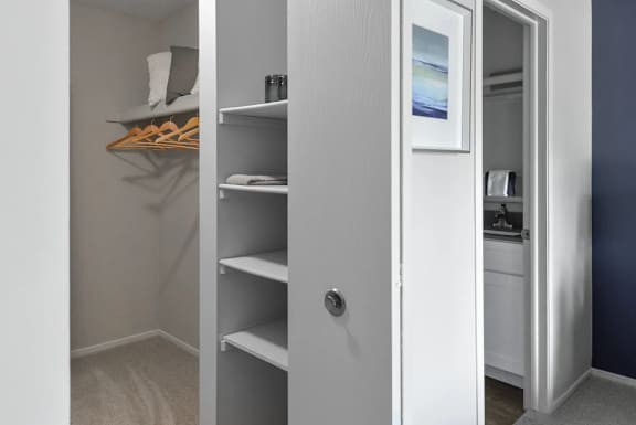 A white closet with a mirror and shelves.