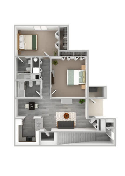 Floor Plan  A 3D floor plan of a house with a living room, kitchen, and two bedrooms.