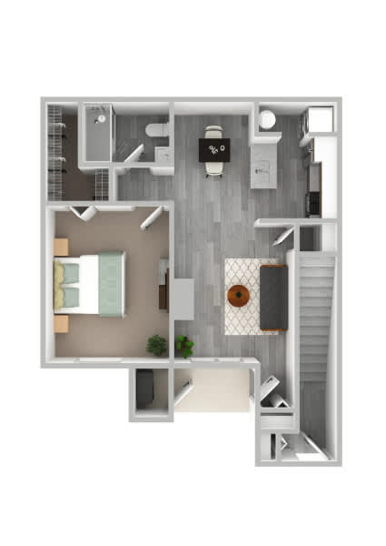 Floor Plan  A floor plan of a house with a kitchen, living room, and two bedrooms.