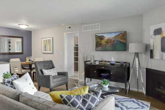 A living room with a grey couch, a grey chair, a white pillow, a grey and white throw, a grey and white blanket, a grey and white pillow, a grey and white throw, a grey and white blanket