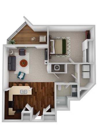 A 3D rendered image of a house layout.