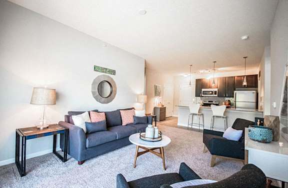 A living room with a grey couch and a coffee table.