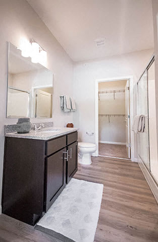 A bathroom with a toilet, sink, and mirror.