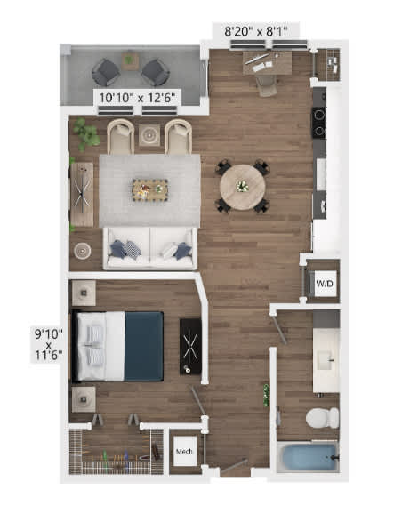 A floor plan of a house with a living room, dining room, kitchen, and bathrooms.