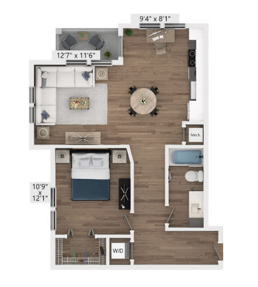 A floor plan of a two-bedroom apartment with a living room, kitchen, and bathroom.