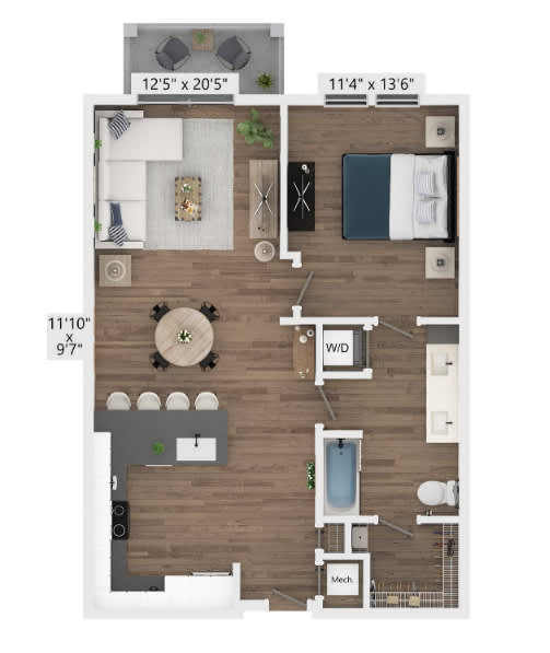 A floor plan of a small apartment with a living room, kitchen, and bathroom.