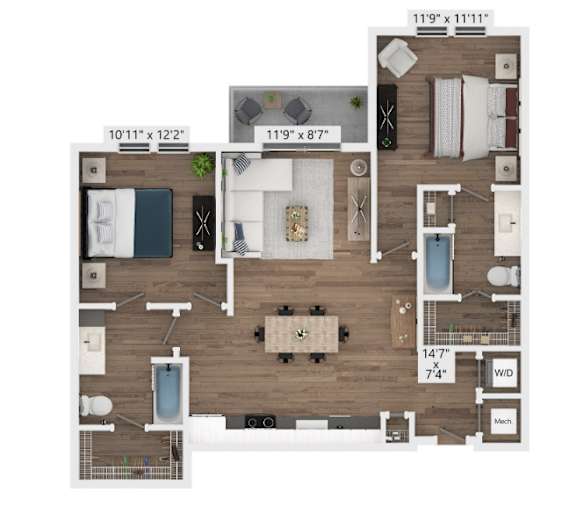 A floor plan of a two-bedroom apartment with a living room, kitchen, and bathroom.