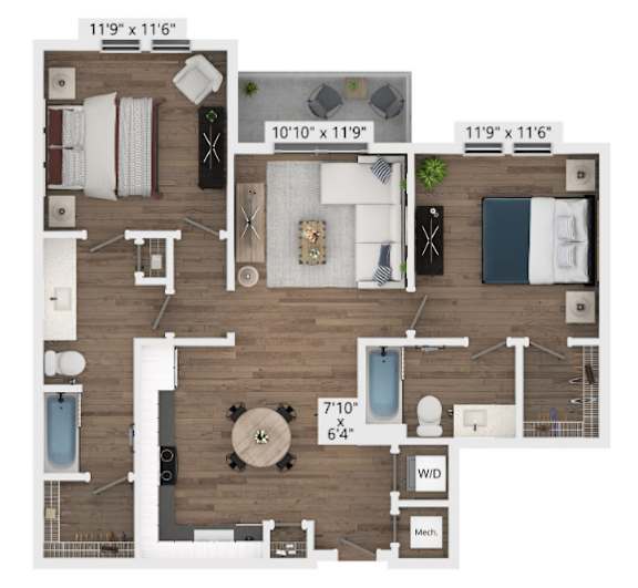Floor Plan  A floor plan of a two-bedroom apartment with a living room, kitchen, and bathroom.