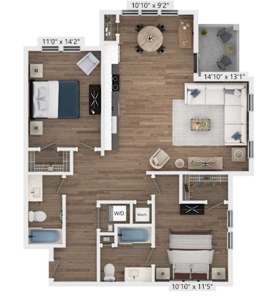 A detailed 3D floor plan of a two-bedroom apartment.